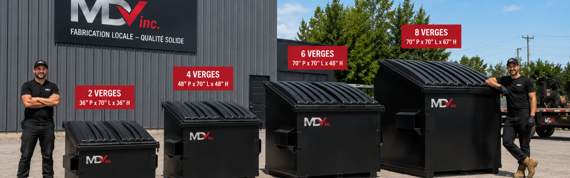 Gamme complète de bacs de vidange commerciaux MDV — 2, 4, 6 et 8 verges, fabriqués au Québec